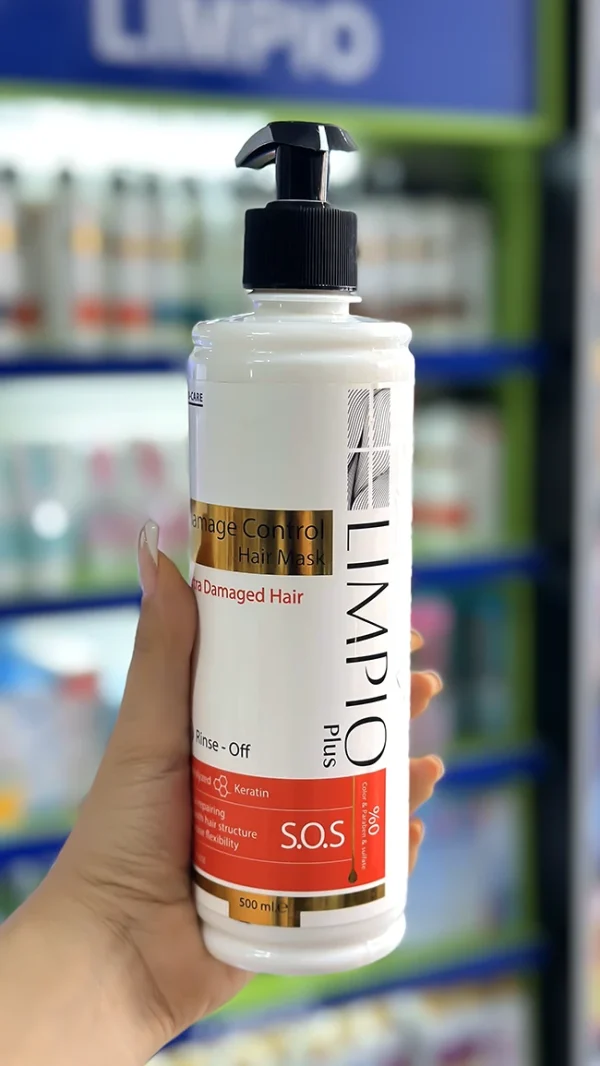 ماسک مو پمپی ترمیم کننده کراتینه لیمپیو SOS (نیاز به آبکشی) 500ml (2) ماسک مو پمپی ترمیم کننده کراتینه لیمپیو پلاس | فاقد سولفات | حجم ۵۰۰ میل