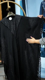 مانتوی عبایی مشکی زنانه با طراحی گیپور و پارچه کرسپو ترک
