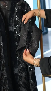 مانتو مجلسی ژاکارد جلو گیپور با آستین کارشده، پارچه ترک با کیفیت، سایز ۴۲ تا ۵۰