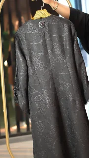 مانتو مجلسی ژاکارد جلو گیپور با آستین کارشده، پارچه ترک با کیفیت، سایز ۴۲ تا ۵۰