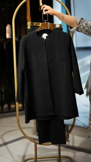 ‏کت شلوار مرویجت یقه گرد نگین هندسی شلوار بگ ویولت