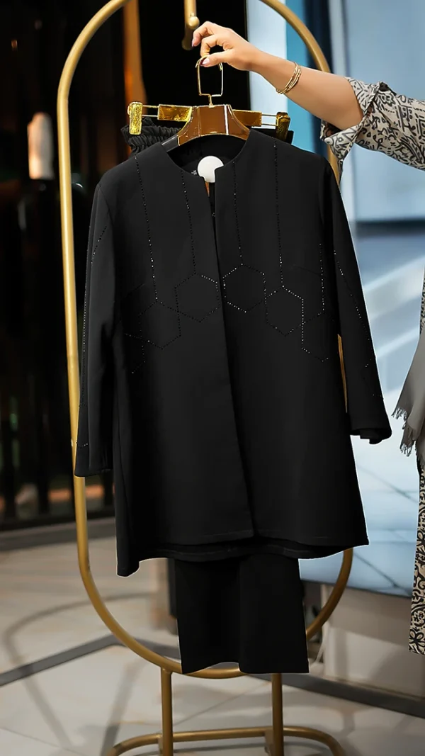 ‏کت شلوار مرویجت یقه گرد نگین هندسی شلوار بگ ویولت