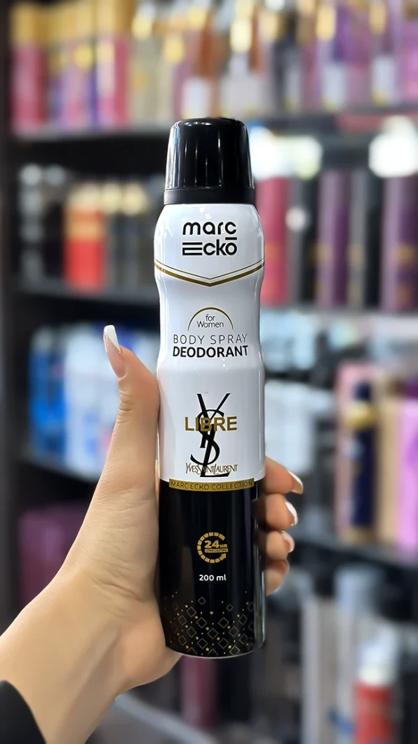 اسپری بدن زنانه مارک اکو با رایحه لیبره اسپری خوشبو کننده بدن مارک اکو رایحه لیبره زنانه