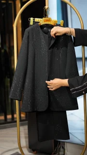 ست کت و شلوار زنانه ترک نگین‌دار با پارچه مازراتی و شلوار دمپا