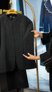 ست کت و شلوار زنانه ترک نگین‌دار با پارچه مازراتی و شلوار دمپا