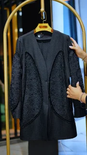 مانتو کوتاه مجلسی زنانه کریستالی جلو گیپور و آستین گیپور سایز ۳۶ تا ۴۴