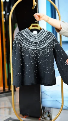 کت مجلسی زنانه ژاکارد نیم مصری مشکی جواهر دوزی شده فری سایز 38 تا 46