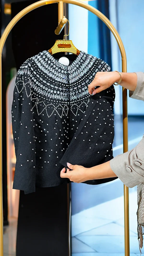 کت مجلسی زنانه ژاکارد نیم مصری مشکی جواهر دوزی شده فری سایز 38 تا 46