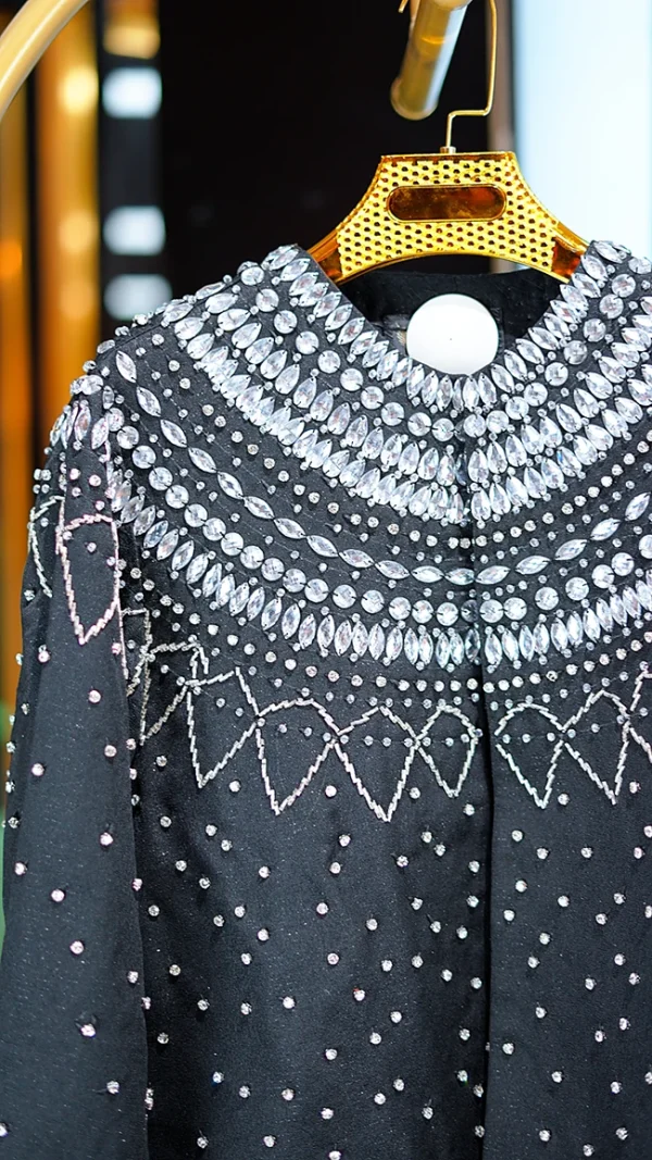 کت مجلسی زنانه ژاکارد نیم مصری مشکی جواهر دوزی شده فری سایز 38 تا 46