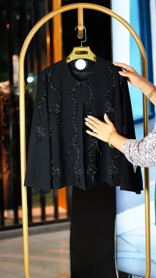 کت کراپ زنانه مجلسی کرپ مرویجت جلو و آستین جواهر دوزی فری سایز 38 تا 46