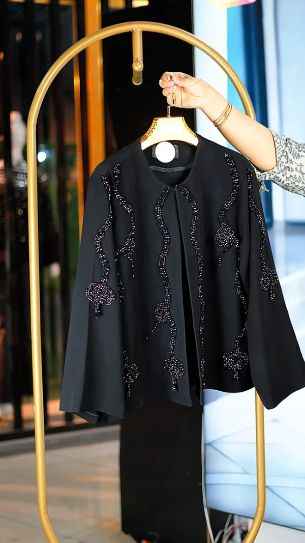 کت کراپ زنانه مجلسی کرپ مرویجت جلو و آستین جواهر دوزی فری سایز 38 تا 46